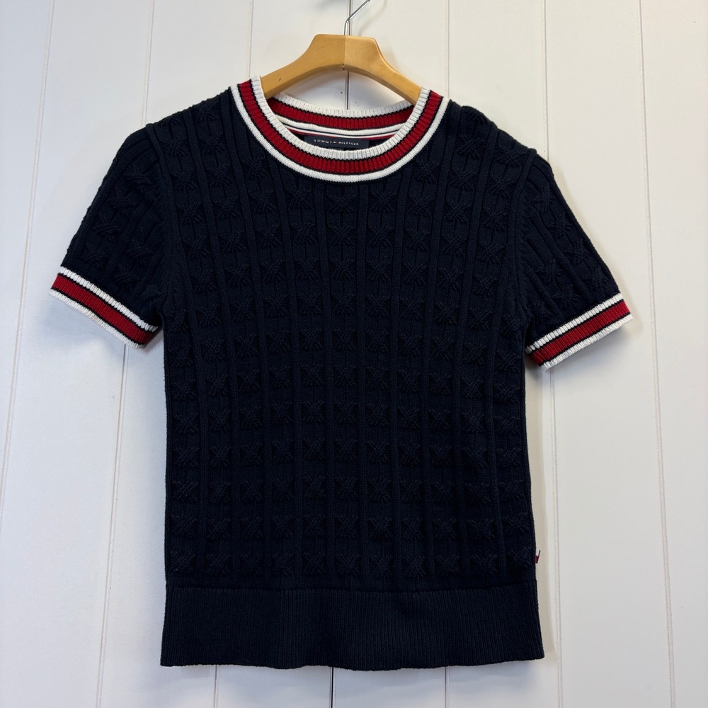 Tommy Hilfiger Preppy Cable Knit Sweater Women Size S Rugby Collegiate Nautical